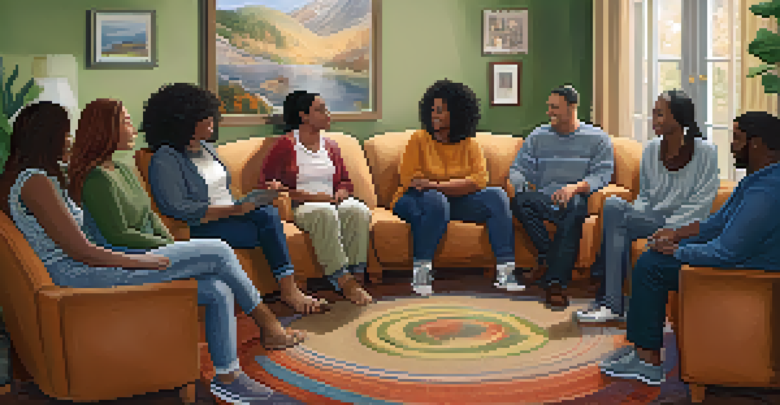 A cozy group meeting with diverse individuals sharing their stories of self-advocacy in a supportive environment.