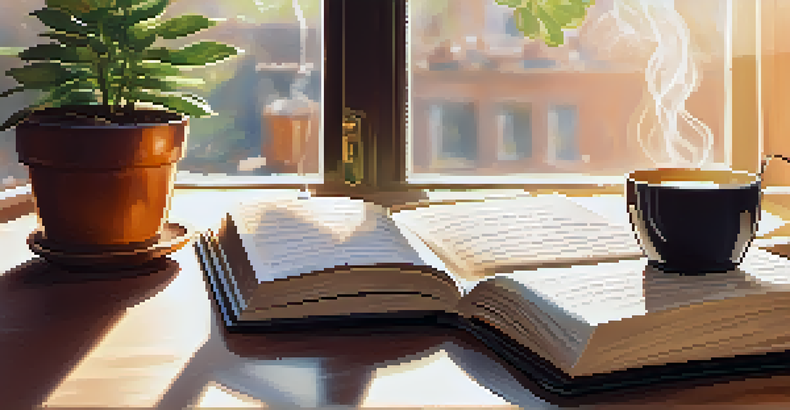 An inviting workspace with a wooden desk, an open journal, a steaming cup of tea, and a plant, all bathed in soft morning light.