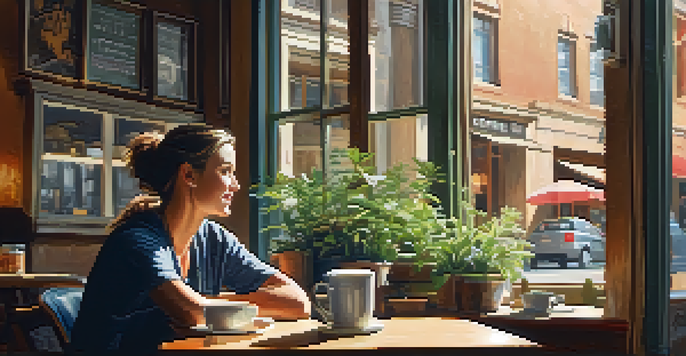 A person in a cozy coffee shop, attentively listening to a friend, with sunlight streaming in through the windows.