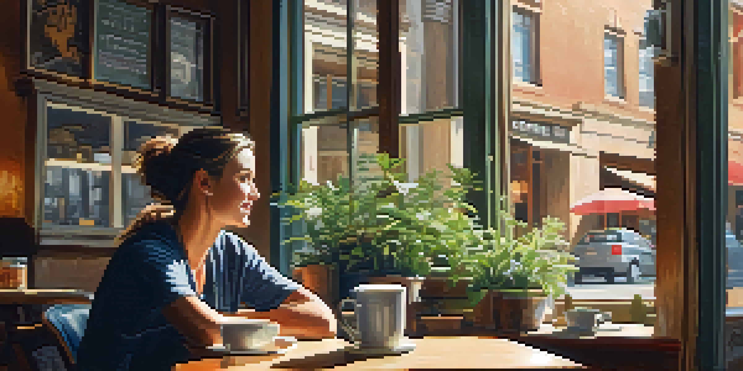 A person in a cozy coffee shop, attentively listening to a friend, with sunlight streaming in through the windows.