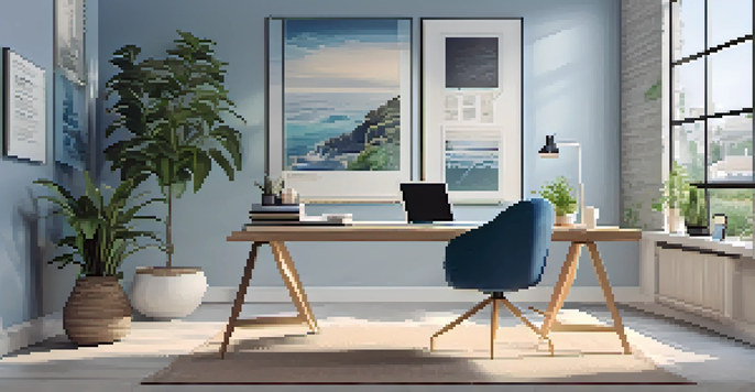 A modern home office with a laptop on the desk, a comfy chair, and a large window with natural light, decorated with motivational posters and a potted plant.