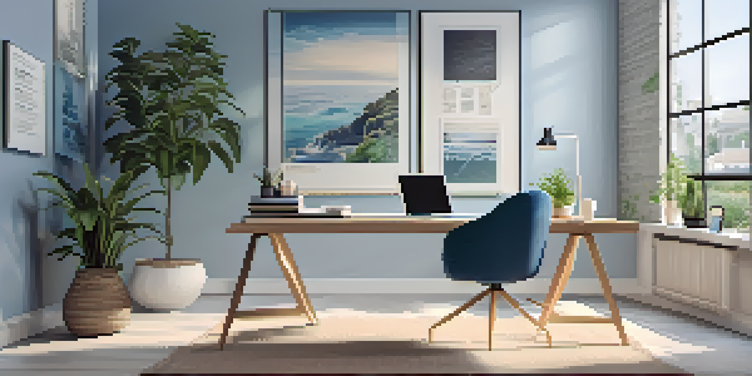A modern home office with a laptop on the desk, a comfy chair, and a large window with natural light, decorated with motivational posters and a potted plant.