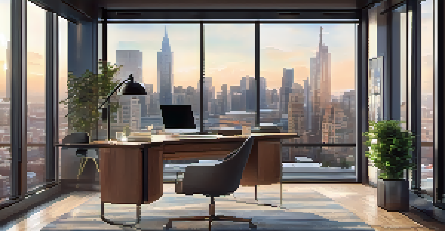 A stylish office interior with a modern desk, laptop, and city skyline view through a large window, decorated with motivational quotes.