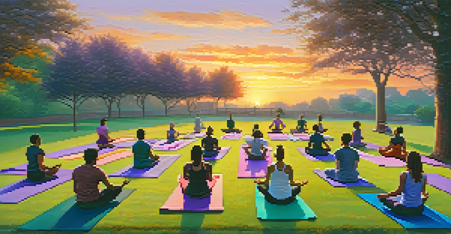 A group of people practicing yoga in a park during sunset with colorful mats and a vibrant sky.