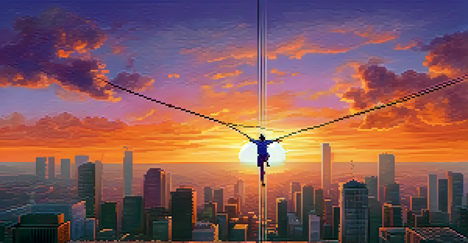 A tightrope walker balancing above a city skyline during sunset, representing self-confidence and empowerment.