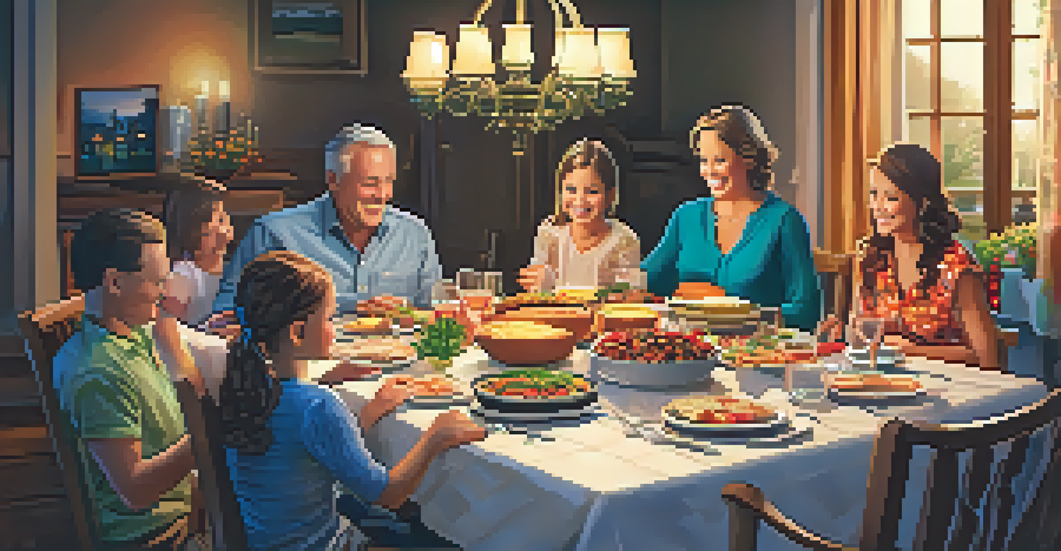 A family gathered around a dining table filled with food, sharing smiles and stories in a warmly lit room.