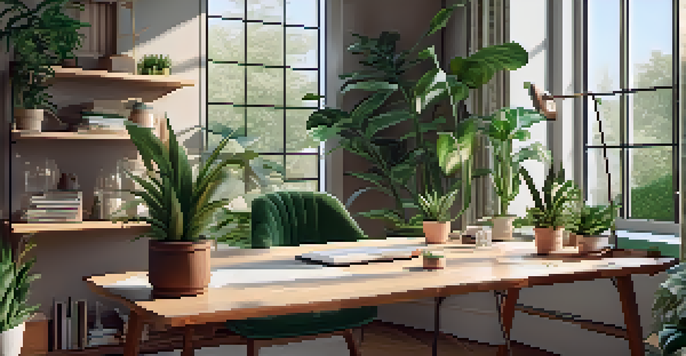 A bright and inviting creative workspace with plants and large windows overlooking a garden.