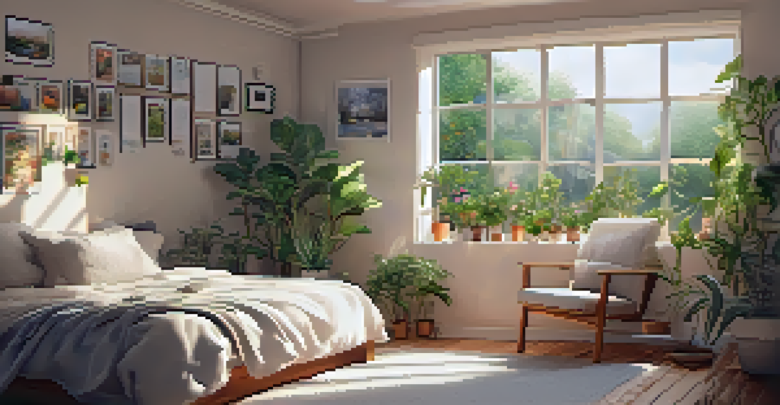 A person in a cozy room, sipping tea while looking at a vision board filled with positive quotes and images, surrounded by plants.