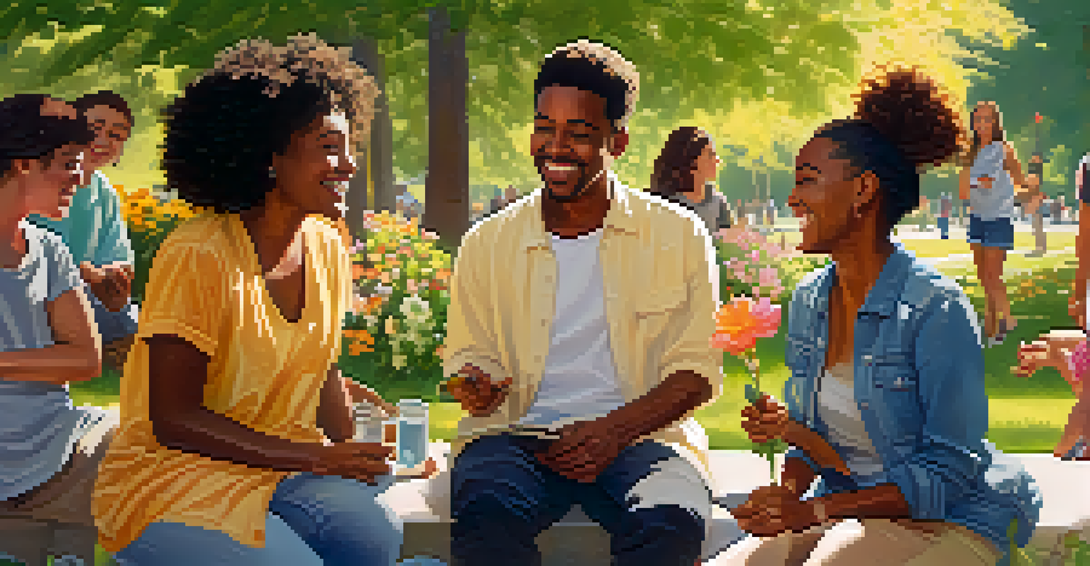 A diverse group of people having a positive discussion outdoors in a park with flowers and greenery.