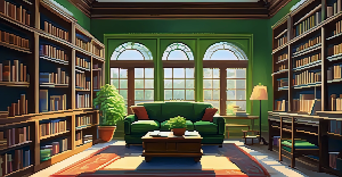 A sunlit library with overflowing bookshelves, a cozy reading nook, an armchair, a cup of tea, and green plants.