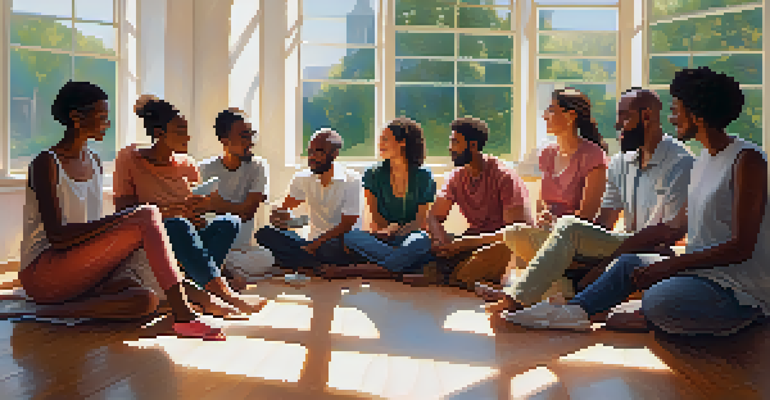 A diverse group of people in a supportive discussion circle in a bright room.