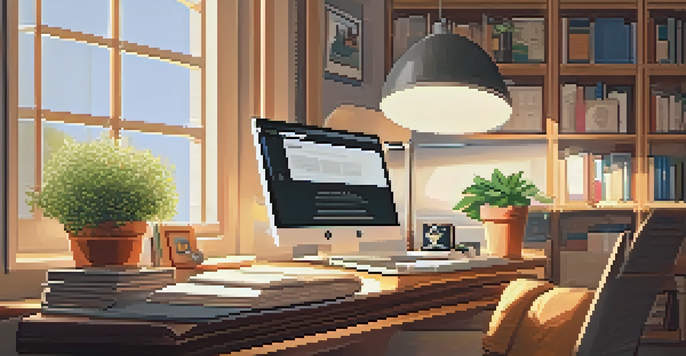 A comfortable study space with a laptop, books, and a potted plant, illuminated by warm lighting and a sunny window.