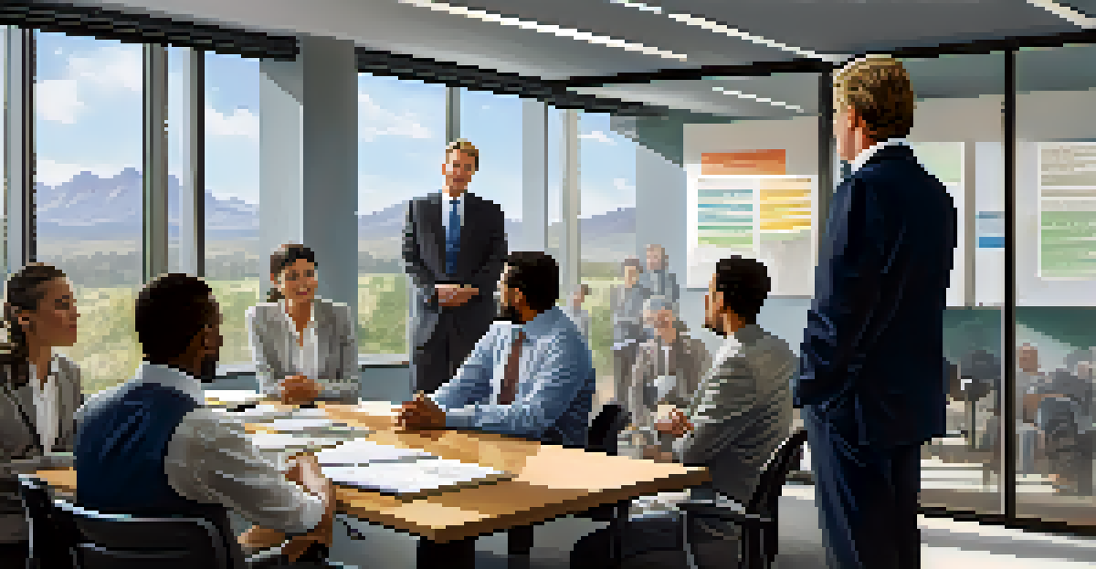 A leader speaking to their team in a bright office, with team members engaged and motivational decor in the background.