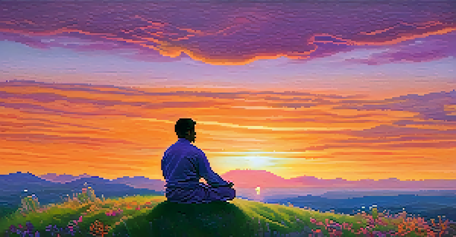 A person meditating on a grassy hilltop at sunset, surrounded by wildflowers, with a colorful sky in the background.