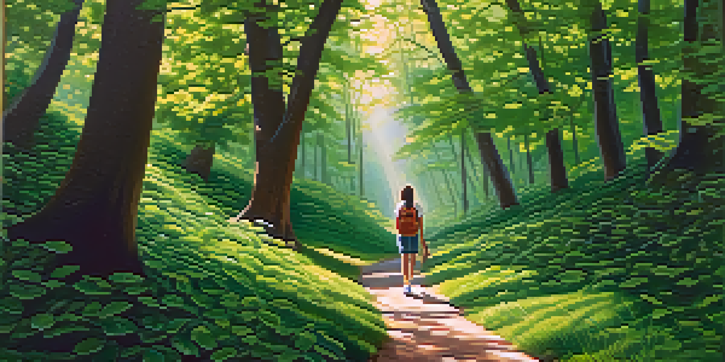 A person walking on a path in a green forest, holding a notebook and pen, surrounded by sunlight filtering through the leaves.