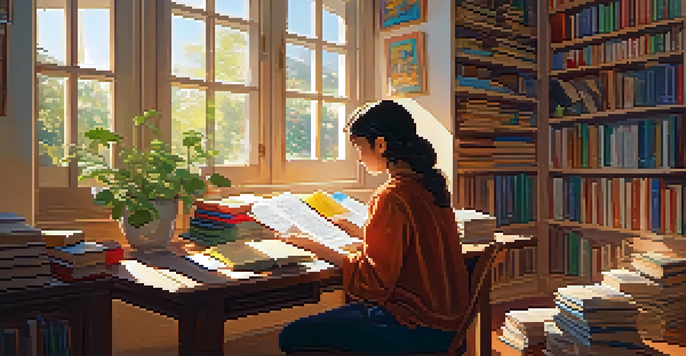 A person studying a foreign language in a sunlit room filled with books and plants.