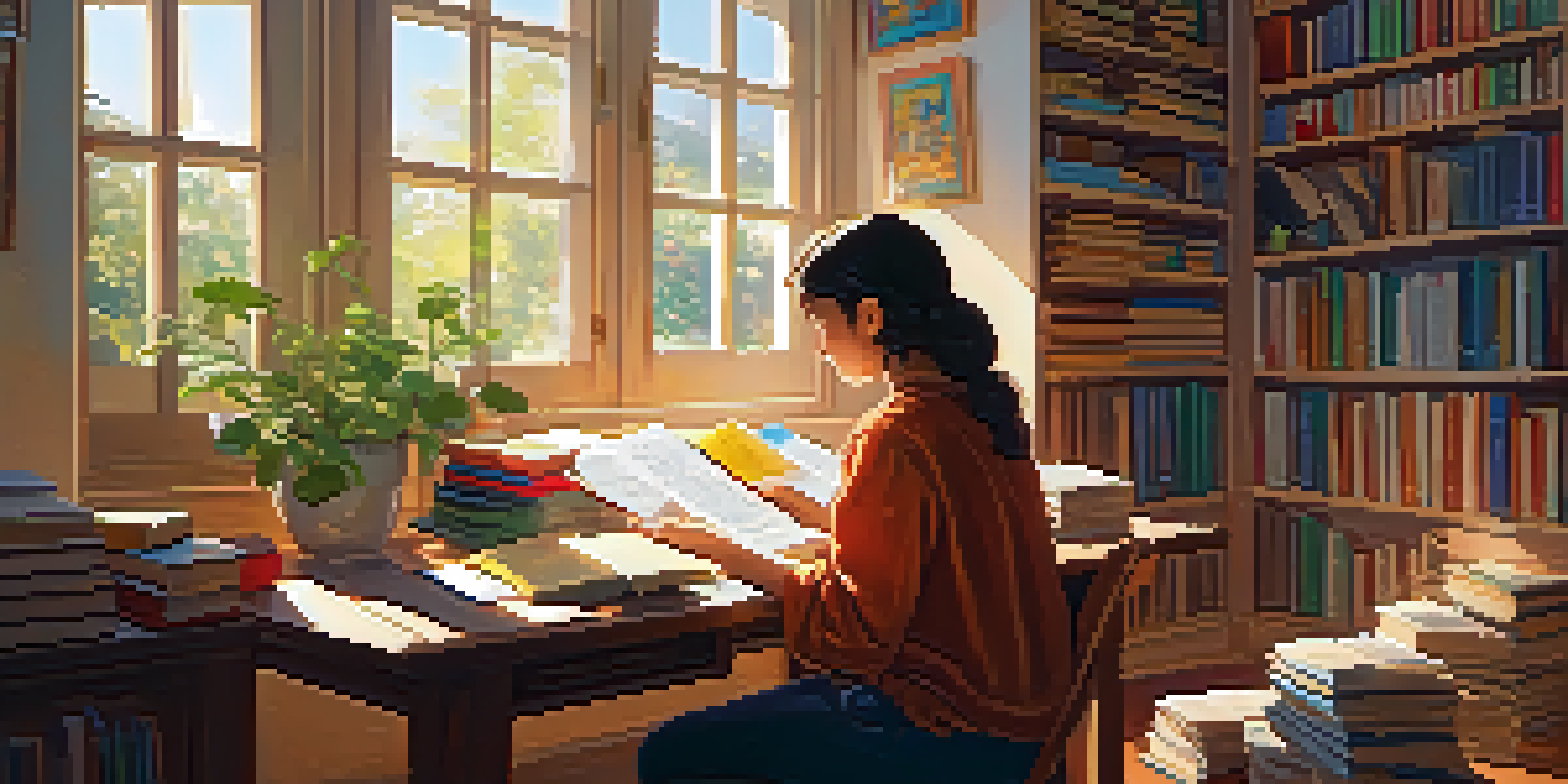 A person studying a foreign language in a sunlit room filled with books and plants.
