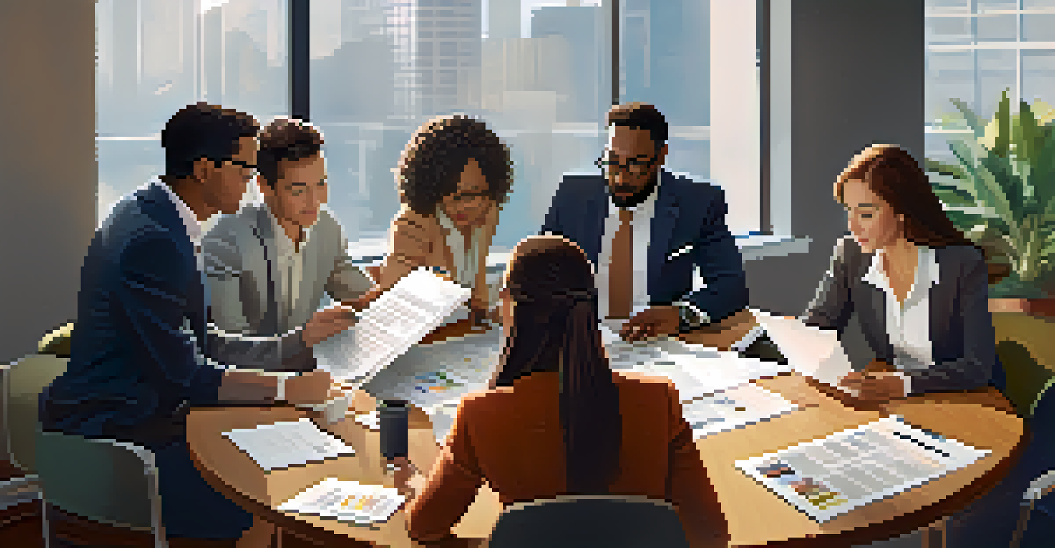 A diverse team discussing around a table with papers and devices in a modern office, showcasing collaboration.