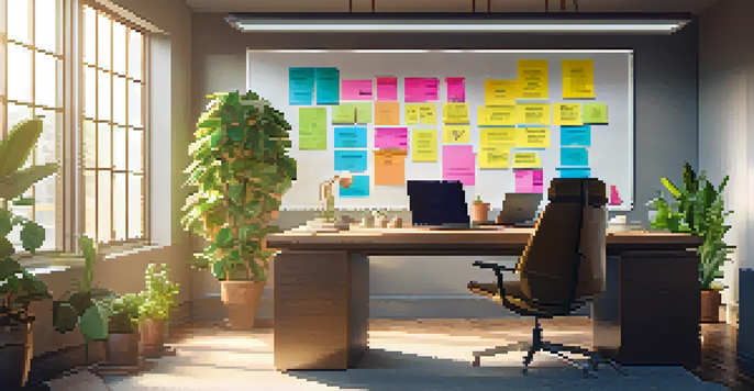A bright and organized office space with a wooden desk and a laptop displaying a project management tool, surrounded by sticky notes and indoor plants, illuminated by natural sunlight.