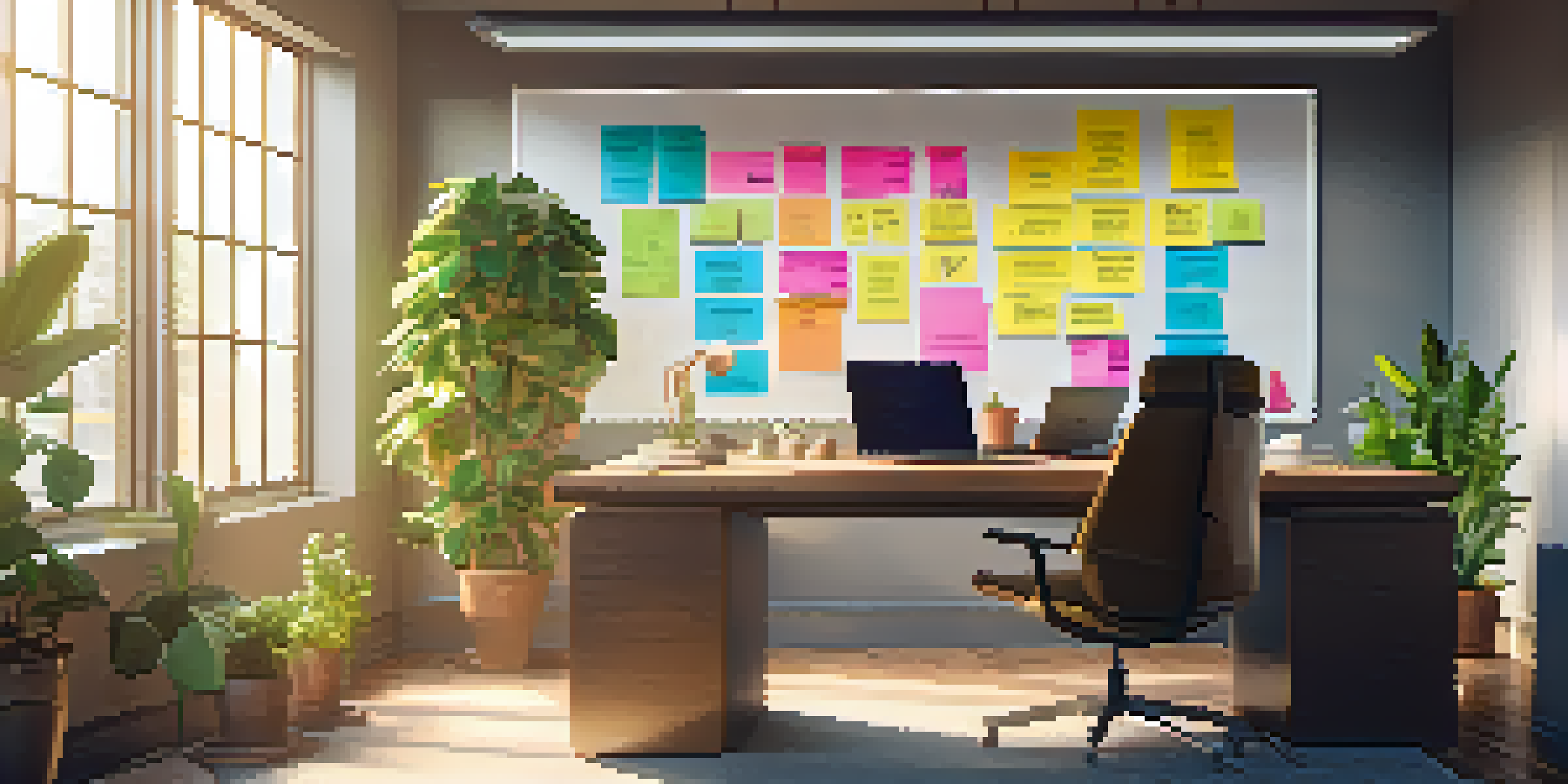 A bright and organized office space with a wooden desk and a laptop displaying a project management tool, surrounded by sticky notes and indoor plants, illuminated by natural sunlight.