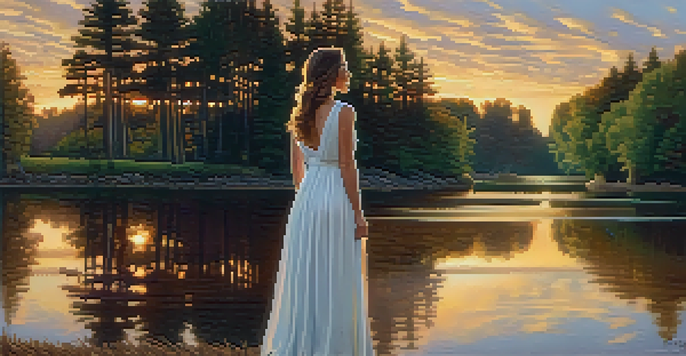A woman in a white dress stands at the edge of a calm lake during sunset, arms open wide, surrounded by lush trees.
