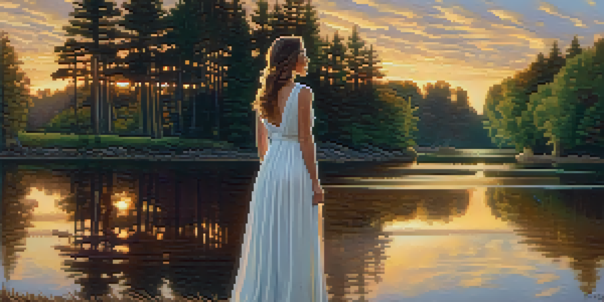 A woman in a white dress stands at the edge of a calm lake during sunset, arms open wide, surrounded by lush trees.