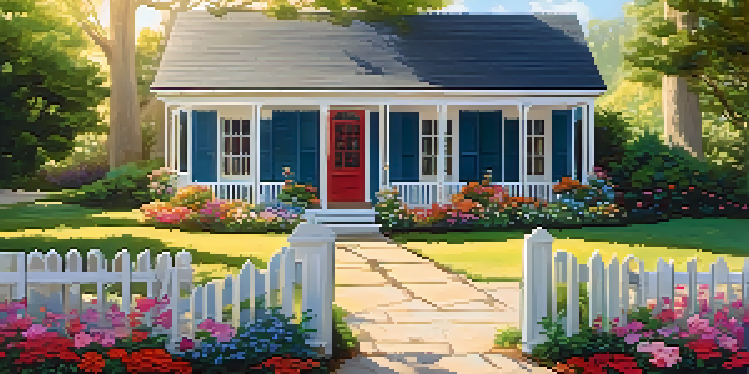 A tranquil garden scene with colorful flowers, a white picket fence, and a shaded bench under a tree.