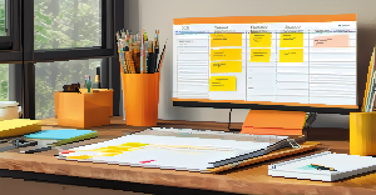 A bright office desk with a planner, sticky notes, and a laptop showing a progress chart, representing productivity.