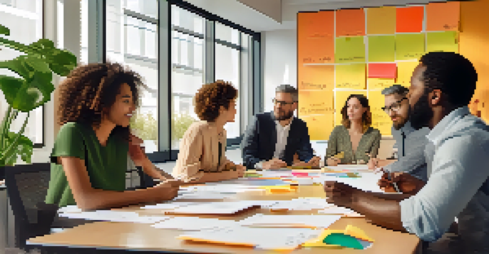 A diverse group of professionals brainstorming in a bright, modern office with natural light and plants.