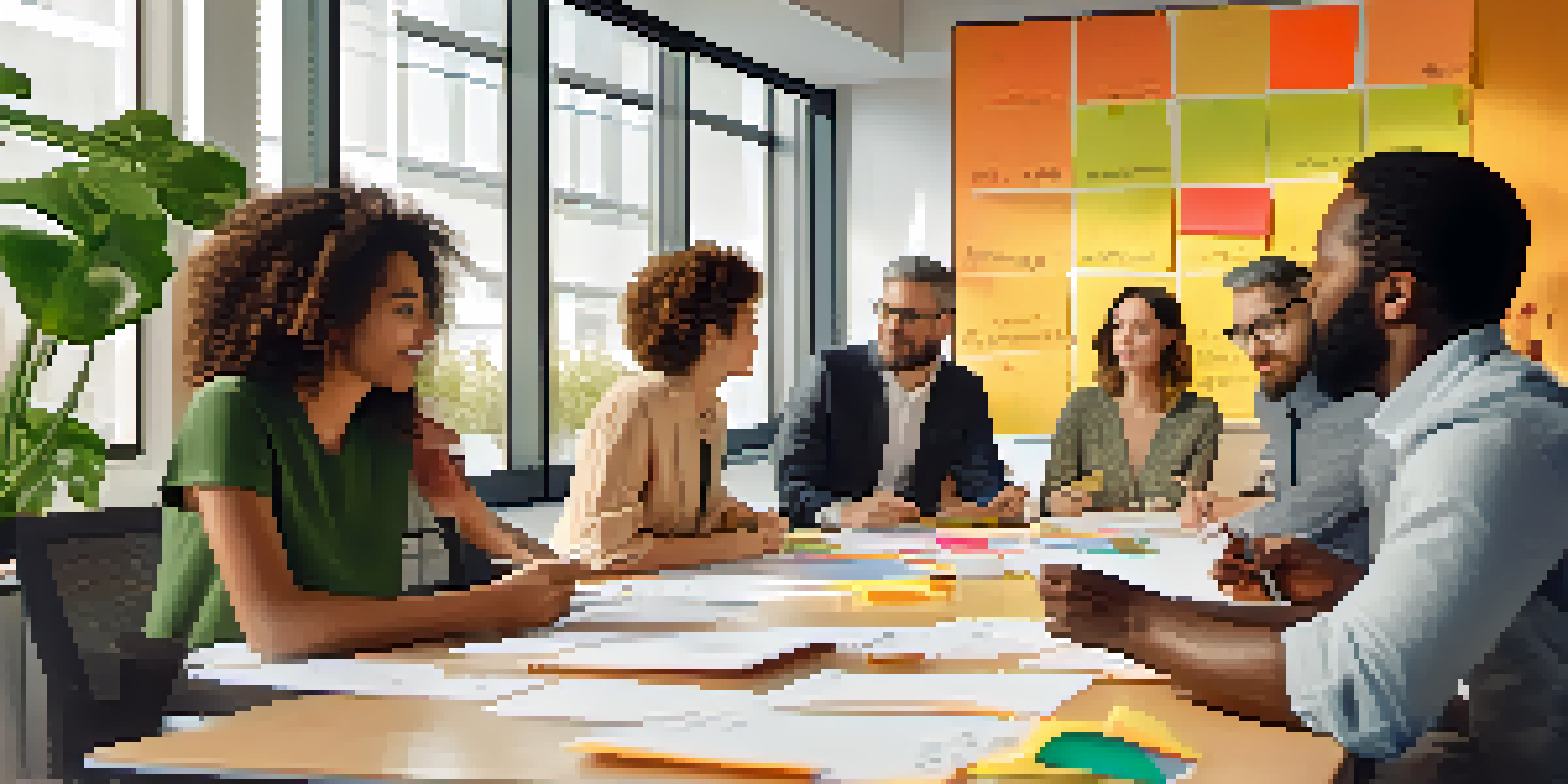 A diverse group of professionals brainstorming in a bright, modern office with natural light and plants.
