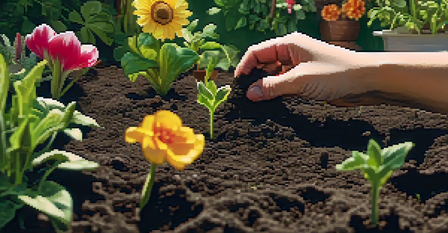 Close-up of hands planting seeds in dark soil with a vibrant garden in the background.
