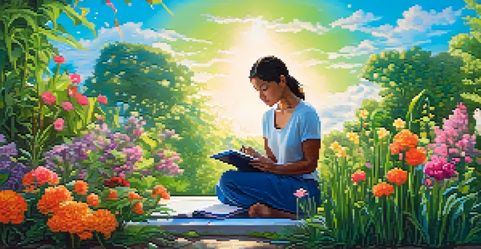 A person kneeling in a colorful garden, taking notes while examining flowers, symbolizing a lifelong learning mindset.