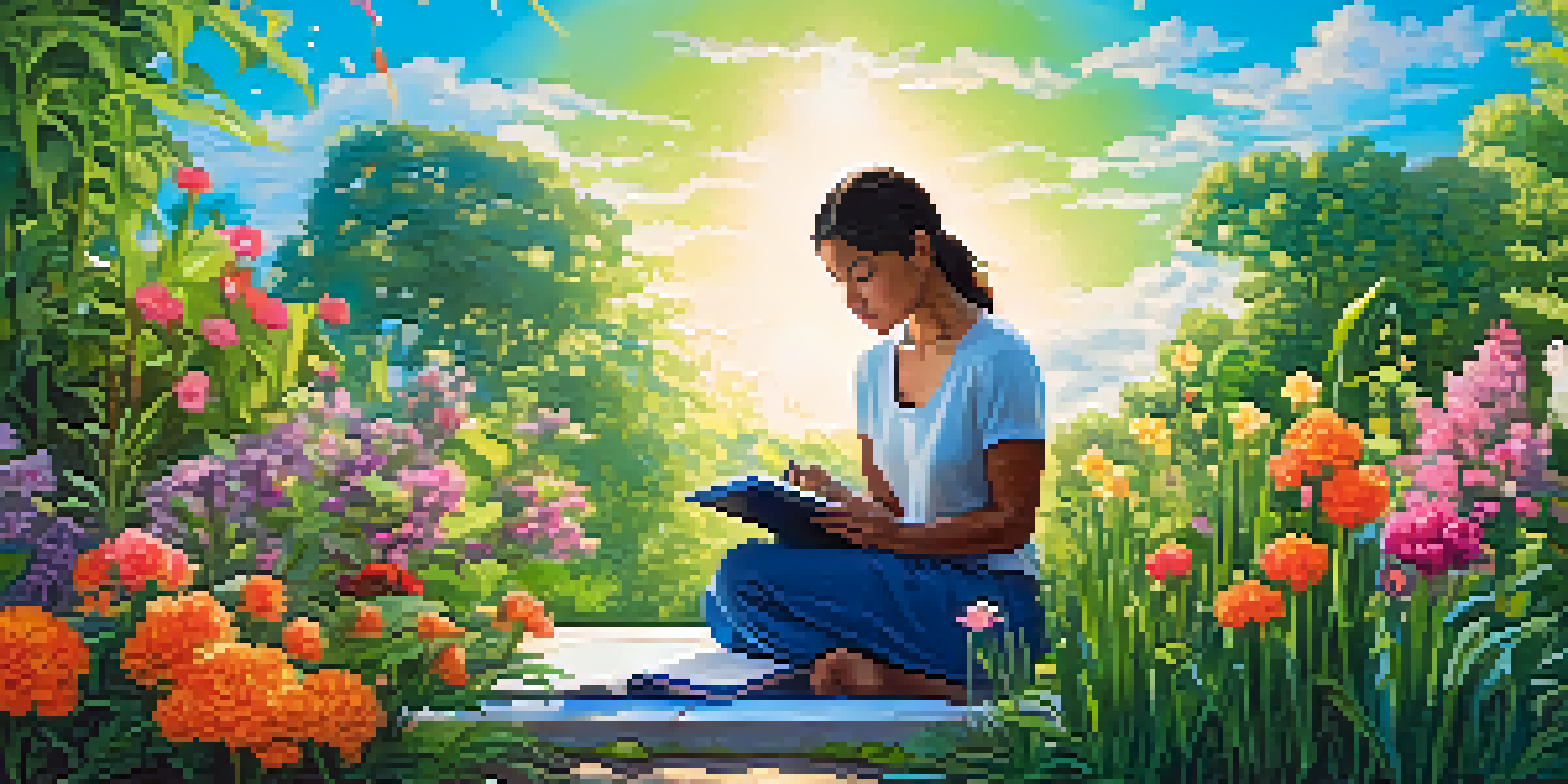 A person kneeling in a colorful garden, taking notes while examining flowers, symbolizing a lifelong learning mindset.