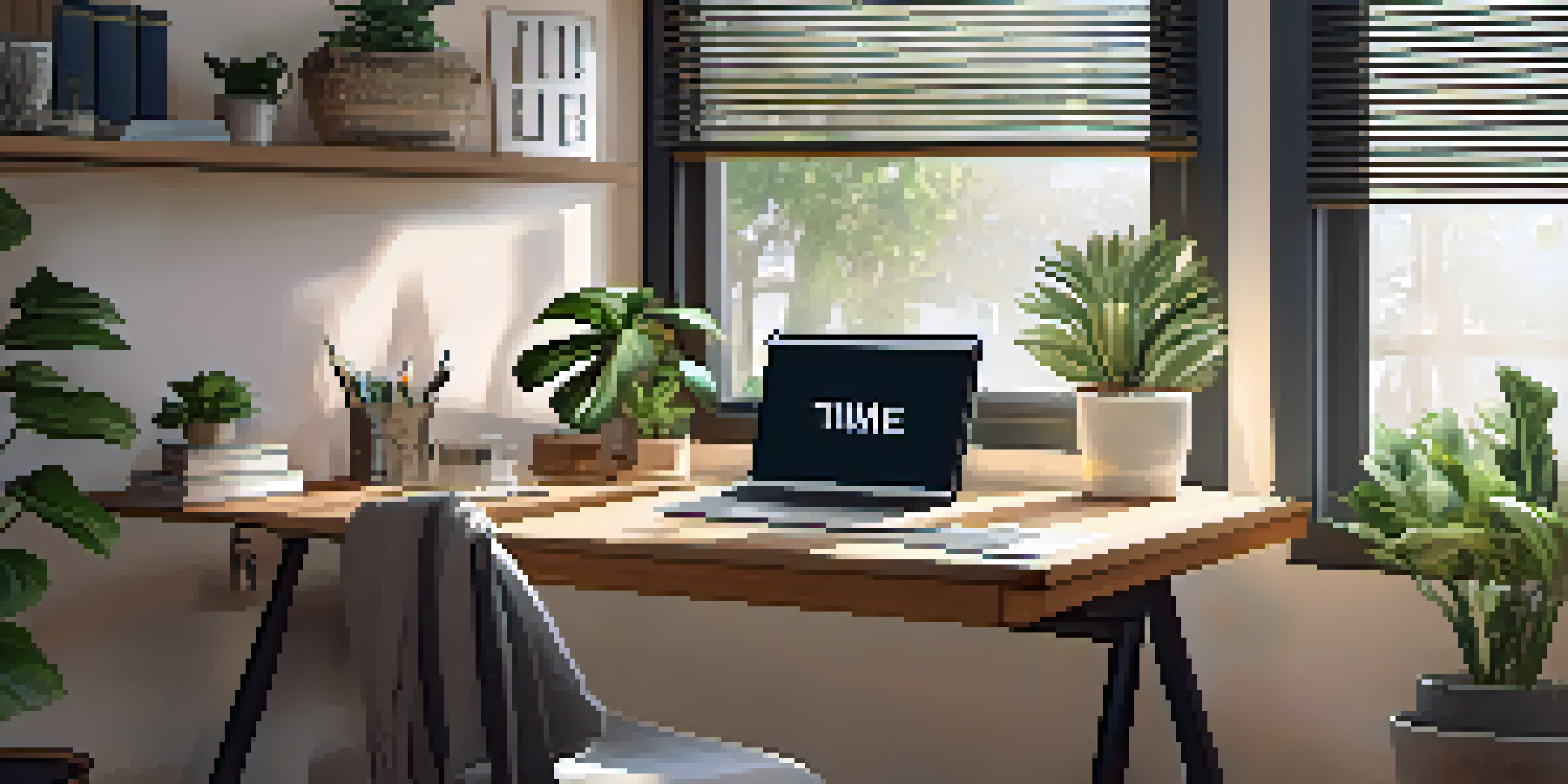 A cozy home office with a wooden desk, a laptop, a potted plant, and an open planner under natural light.