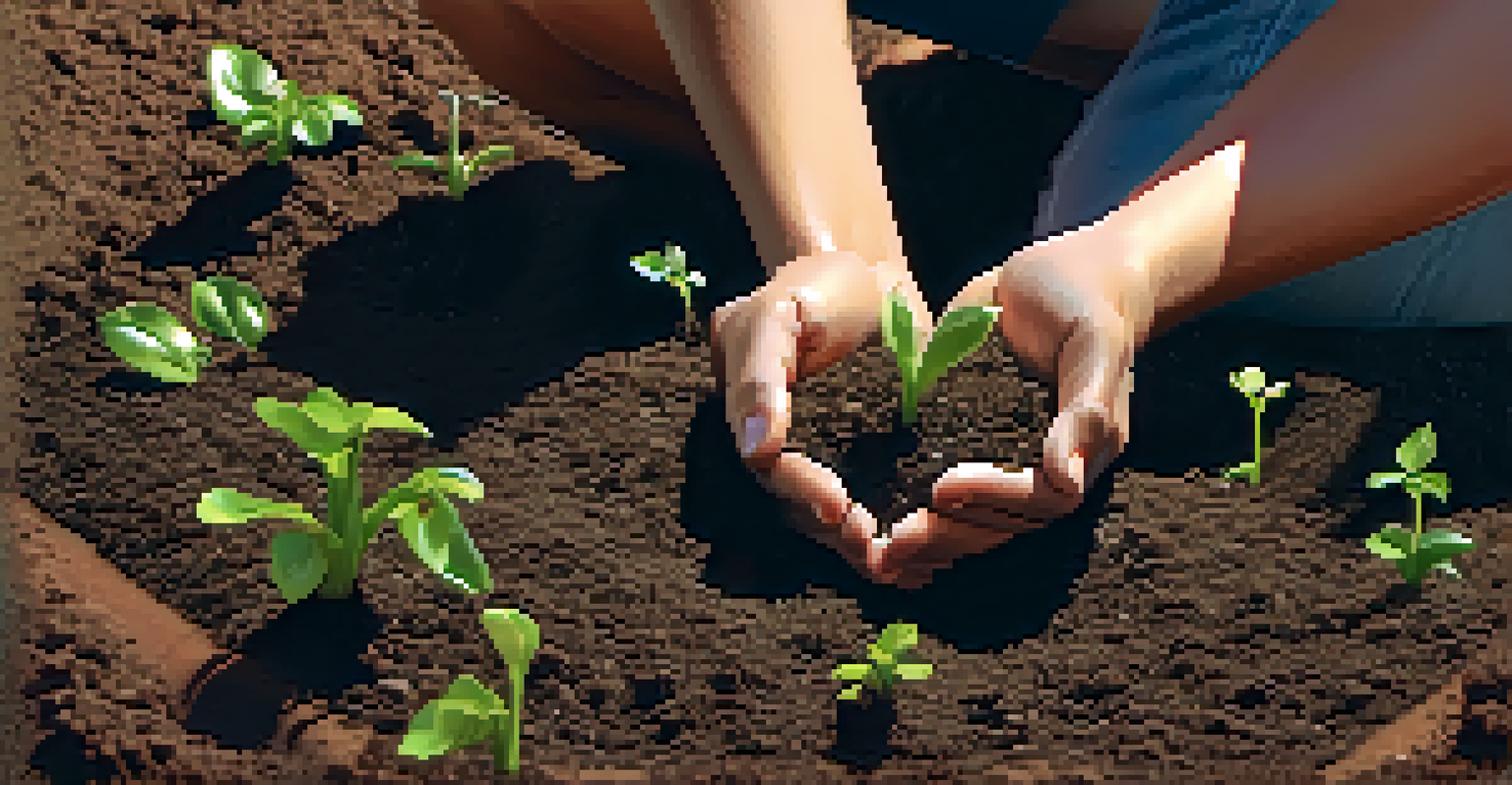 Close-up of hands planting seeds in soil with sprouts around, with sunlight and gardening tools, representing savings and growth.