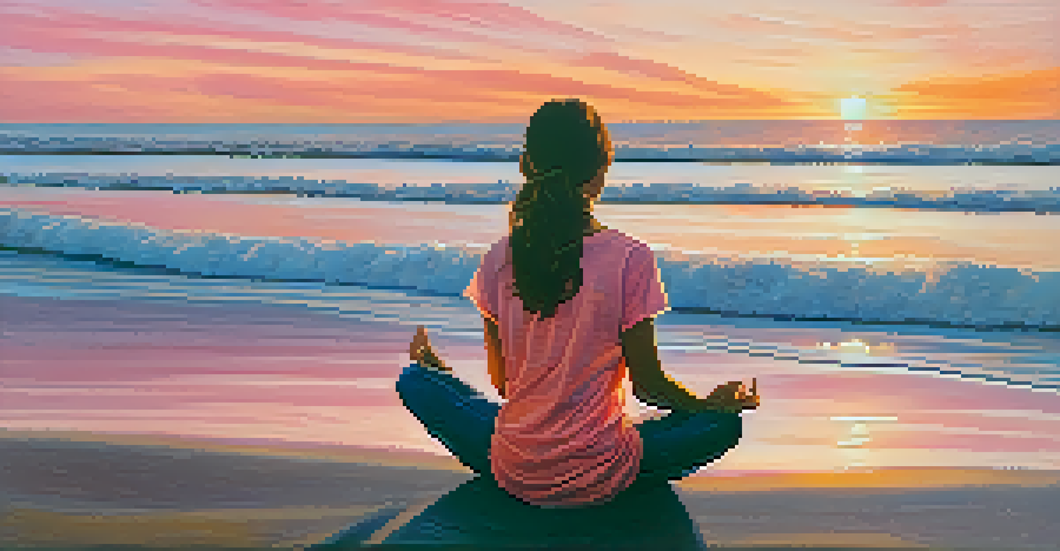 A person practicing breathwork on a beach during sunset, with a serene expression and calming ocean waves.
