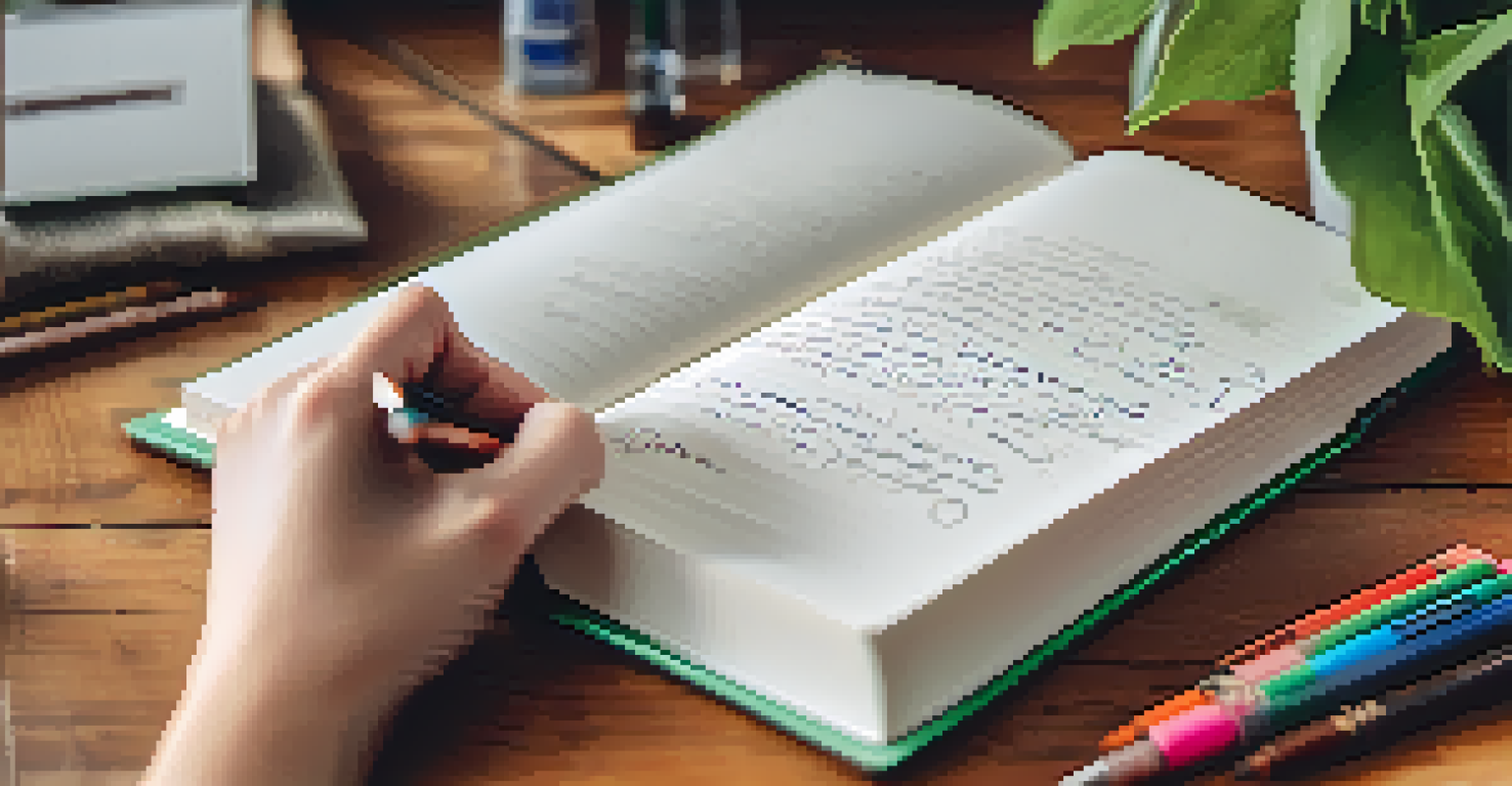 A hand writing in a journal with colorful pens and a blurred background featuring a plant and a motivational quote.