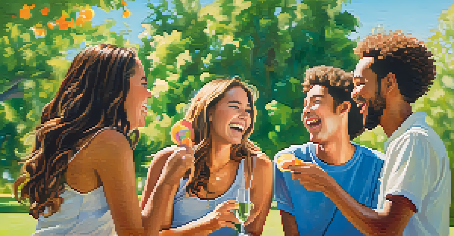 A group of friends in a park sharing laughter and positive affirmations, surrounded by greenery and flowers under a clear blue sky.