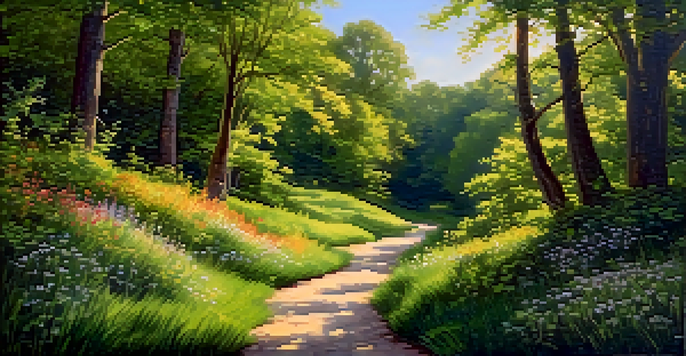 A peaceful forest path with golden sunlight, colorful wildflowers, and a stream in the distance.