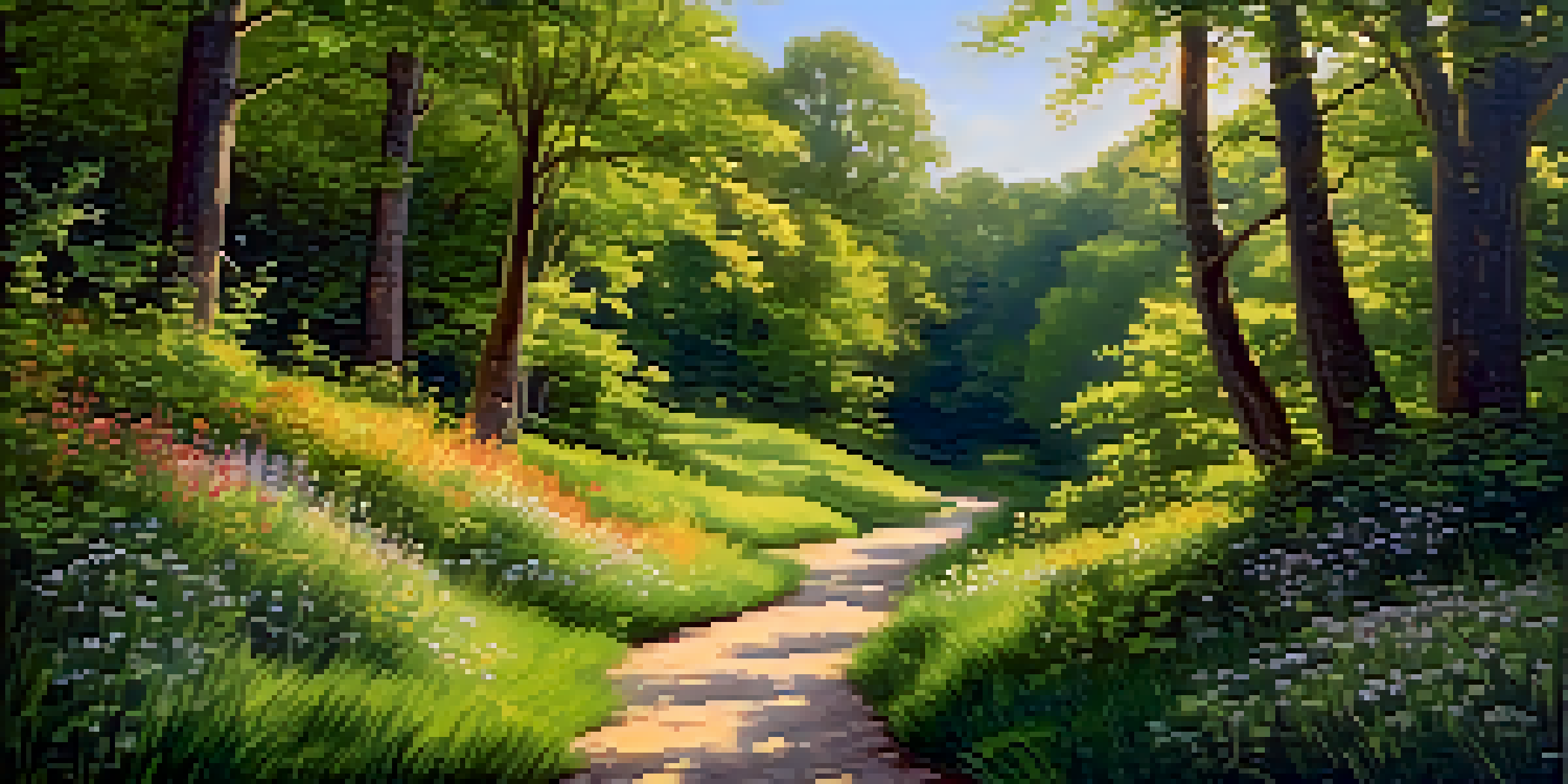 A peaceful forest path with golden sunlight, colorful wildflowers, and a stream in the distance.