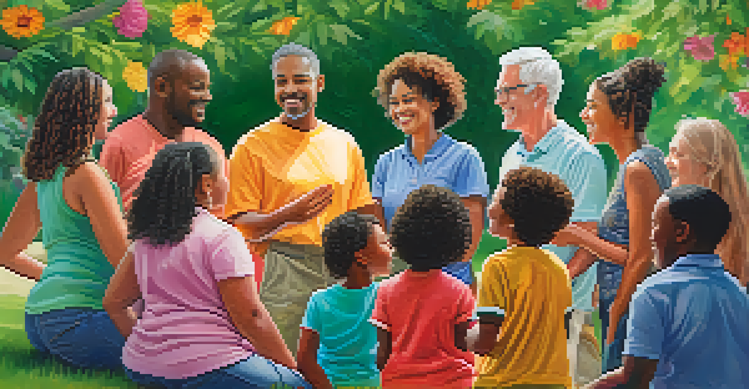 A diverse group of people in a supportive circle in a park, sharing smiles and positive affirmations.