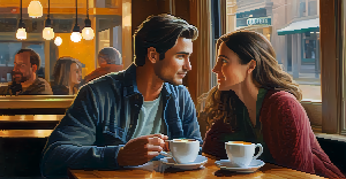 Two people in a coffee shop having a deep conversation, one leaning in and the other gesturing, capturing the essence of active listening.