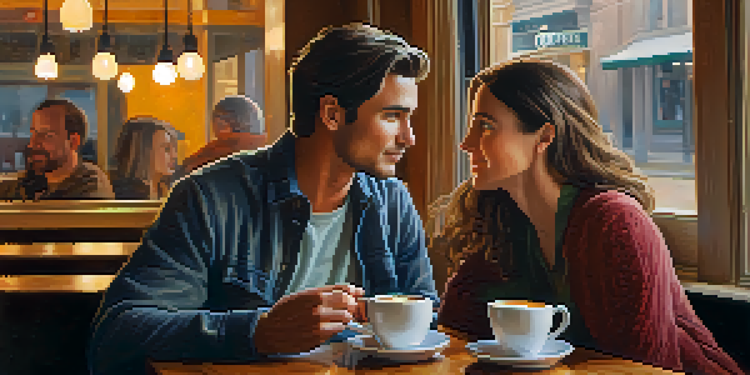 Two people in a coffee shop having a deep conversation, one leaning in and the other gesturing, capturing the essence of active listening.