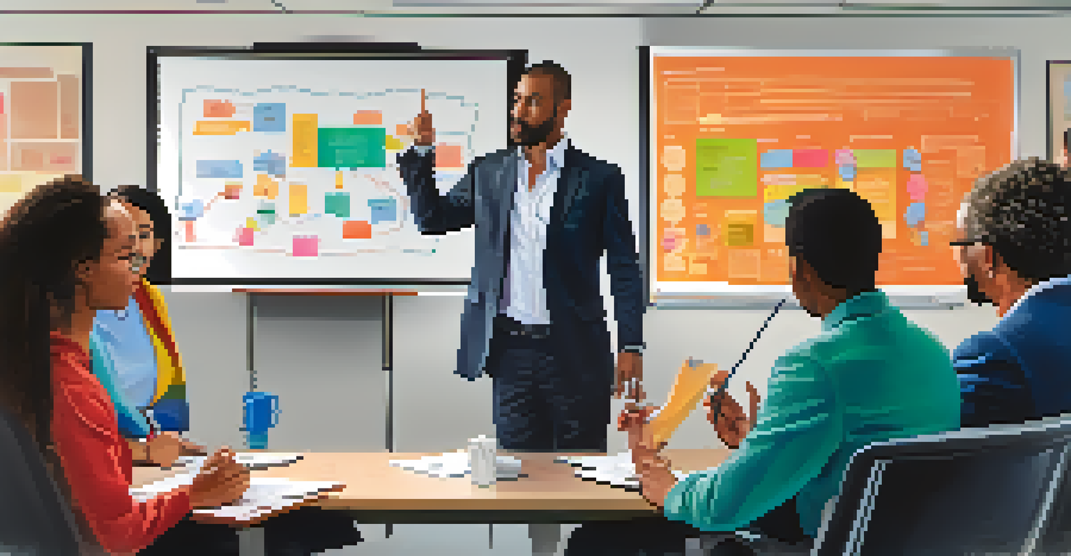 A group of diverse people in a meeting room, with one person presenting and others engaged.