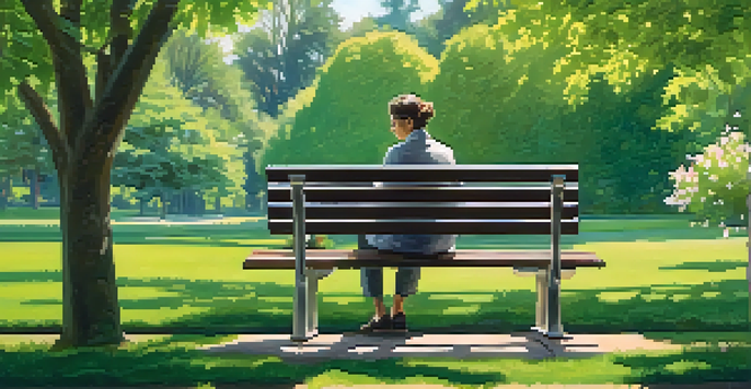 A person journaling on a park bench surrounded by blooming flowers and sunlight filtering through trees.