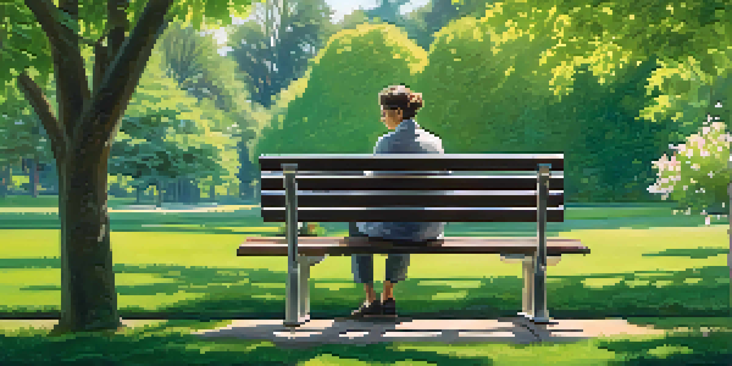 A person journaling on a park bench surrounded by blooming flowers and sunlight filtering through trees.