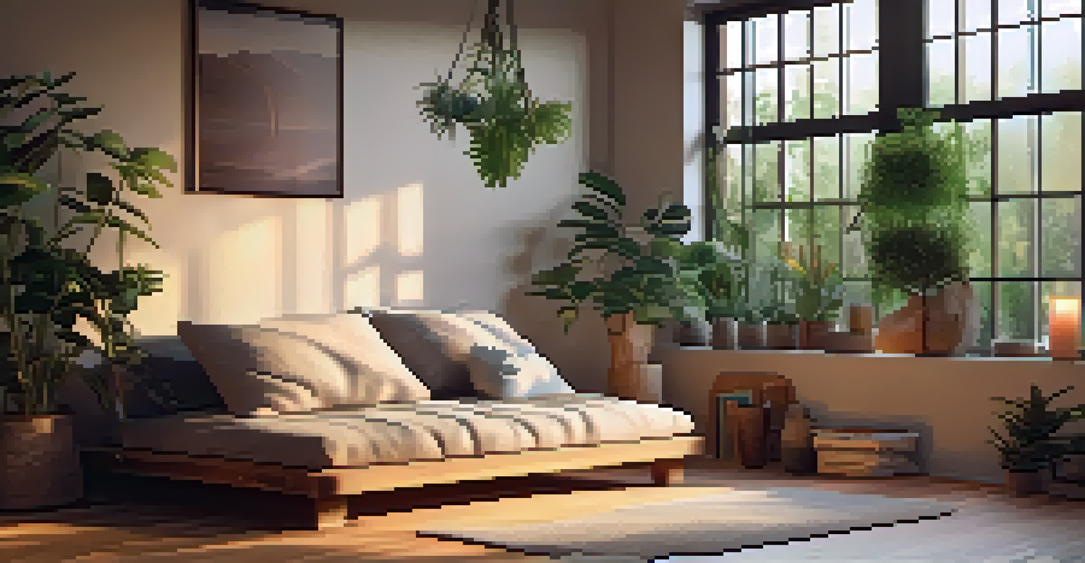A cozy meditation space with a cushion, plants, and soft lighting, creating a peaceful atmosphere.
