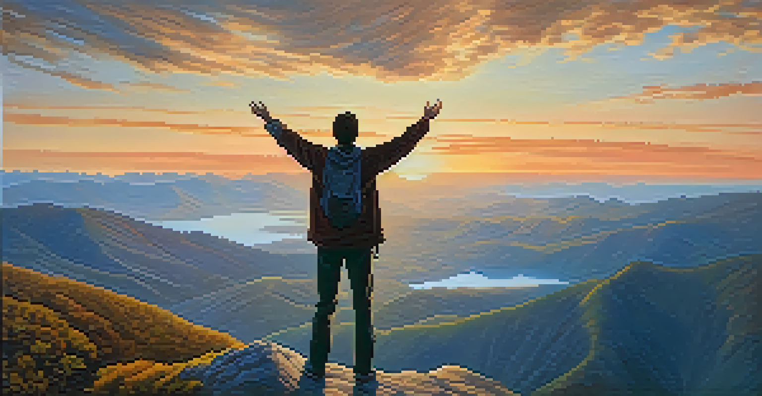 A person on a mountain peak at sunrise, celebrating a sense of achievement with open arms.