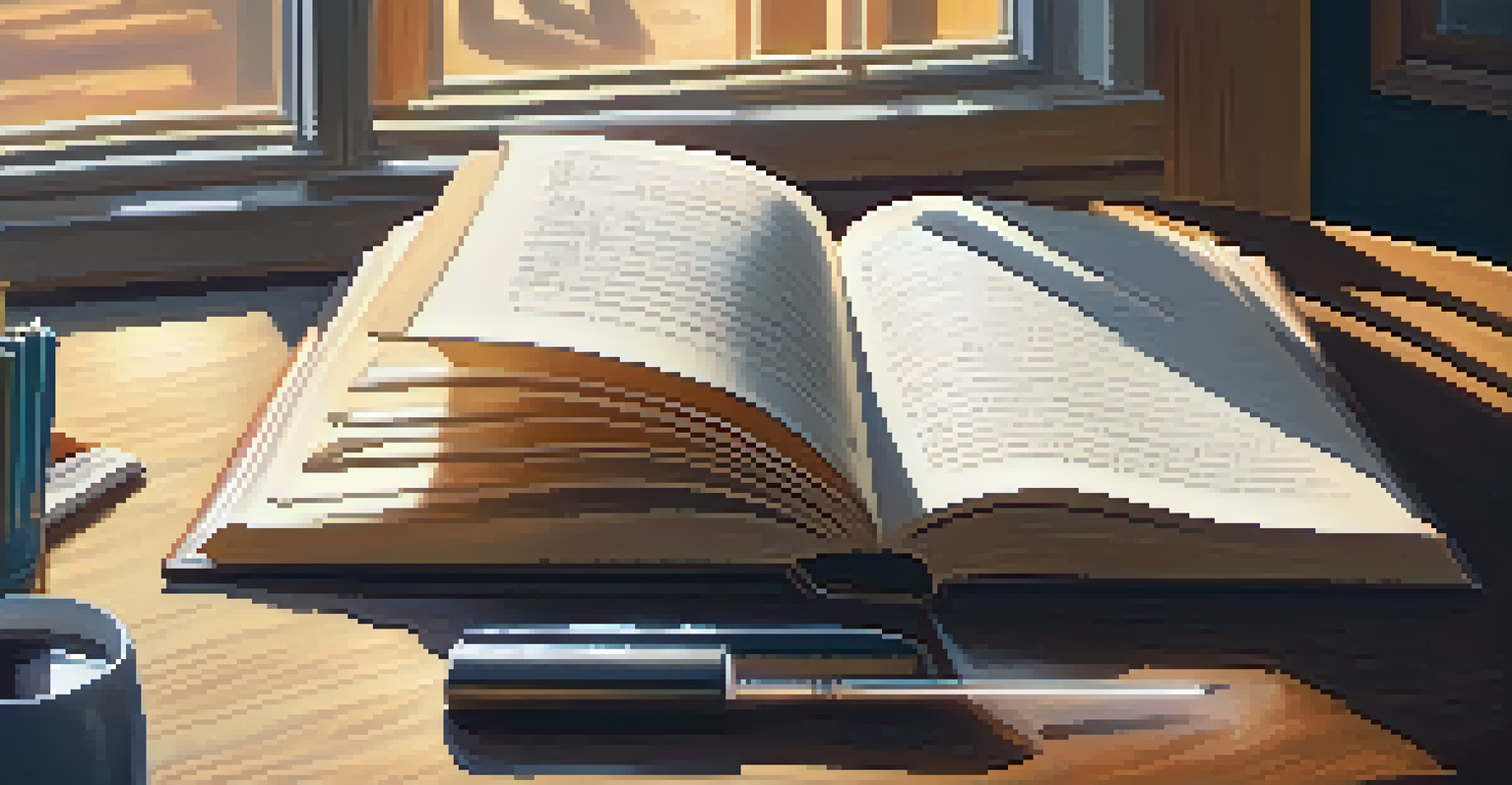 An open book with a coffee cup and a notepad on a wooden table, illuminated by sunlight.