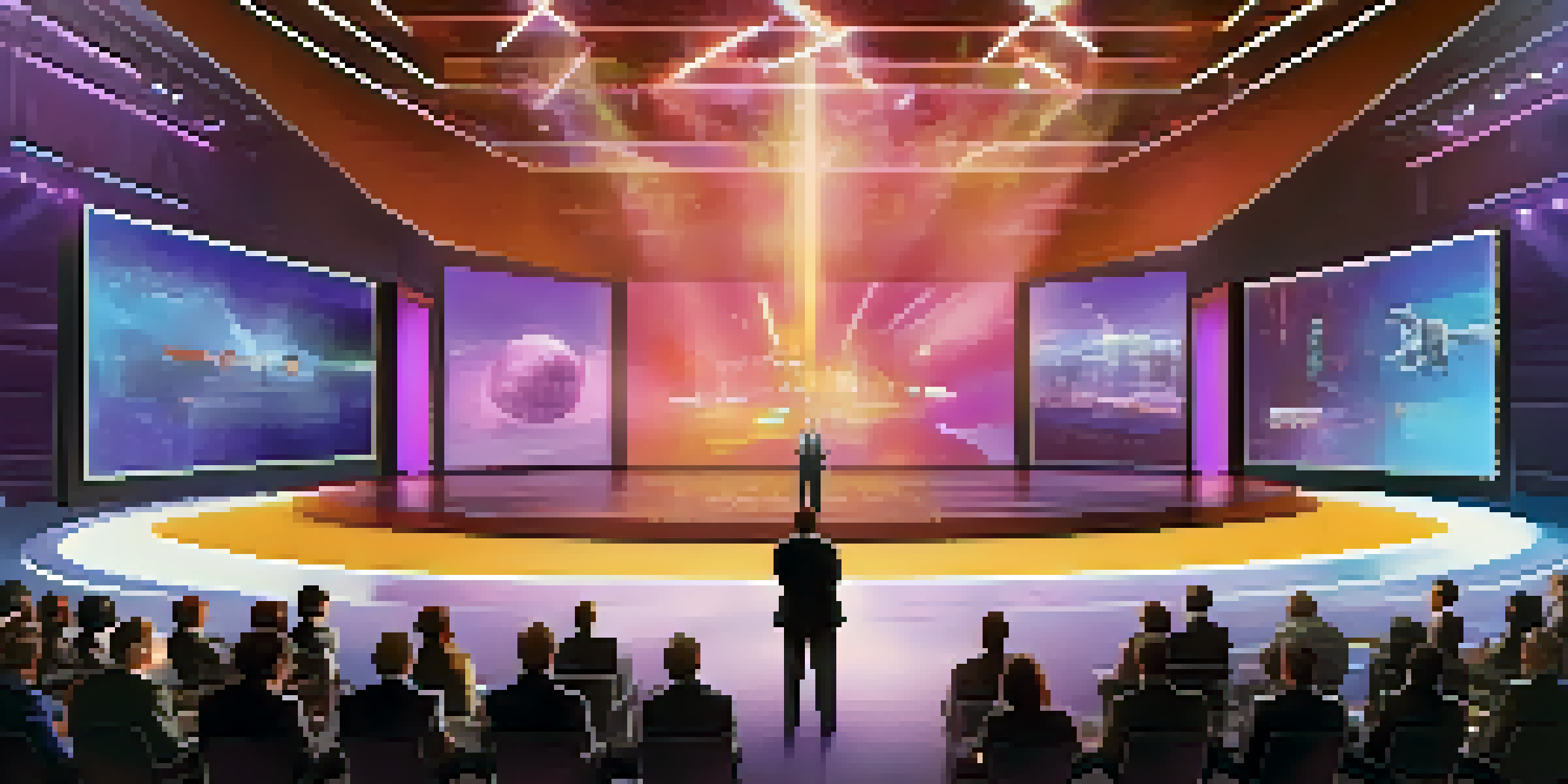 A confident leader presenting a futuristic vision on stage, surrounded by digital screens and an engaged audience.